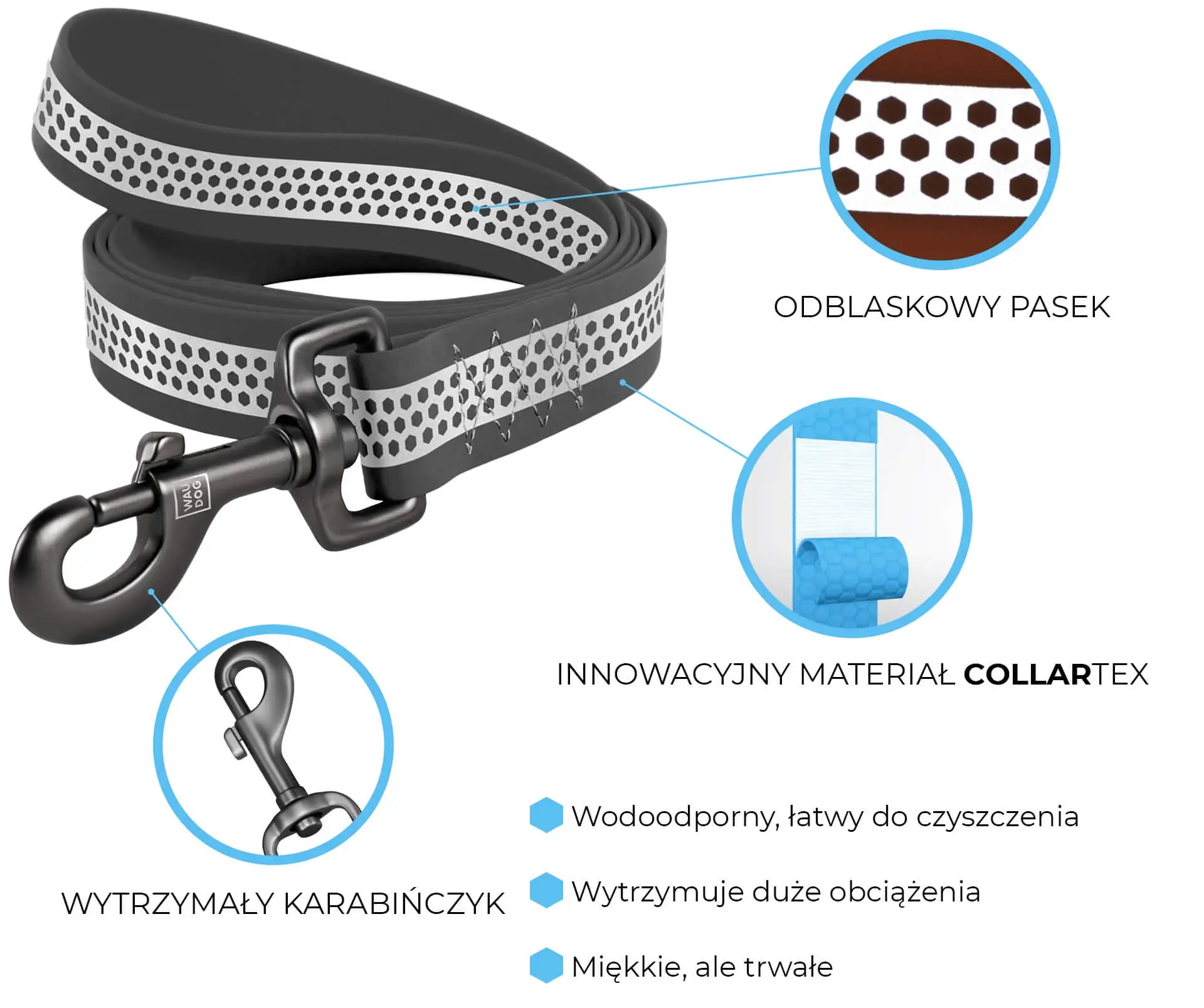 wodoodporna i odblaskowa smycz dla psa waudog - prezentacja